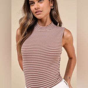 Lulus Elevated Selection Brown Striped Mock Neck Sleeveless Bodysuit